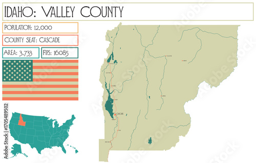 Large and detailed map of Valley County in Idaho USA.