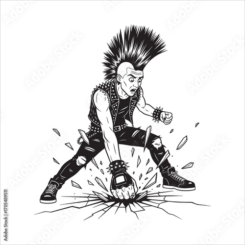 Vector art of punk rocker smashing ground in black and white