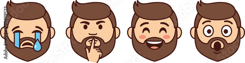 Bearded man face emojis, cartoon character emotions, happy sad surprised funny expressions, vector illustration, cute bearded guy emoticons set