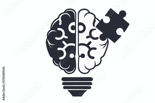 Brainshaped bulb with a puzzle piece about to connect symbolizes problem solving and solutions