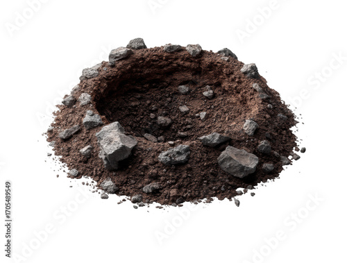 Excavation site with rock debris soil and gravel natural environment top view isolated on transparent background, png