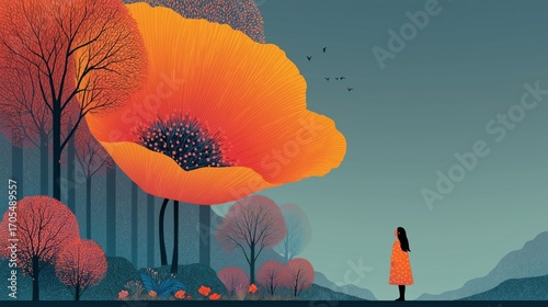 Whispers of nature bring a sense of wonder as a girl stands beneath a giant blooming flower in a tranquil, dreamy landscape at twilight