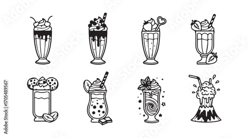 Collection of eight hand drawn dessert milkshake silhouettes with whipped cream and toppings