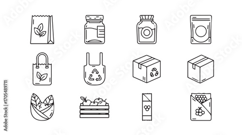 Collection of various product packaging and containers in a simple sketchy silhouette style