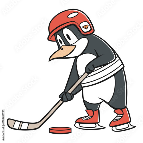 Cute Cartoon Penguin Playing Ice Hockey with Stick Vector Illustration 