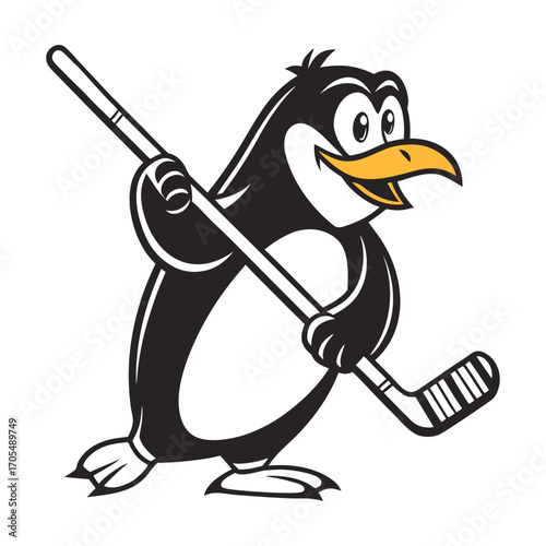 Cute Cartoon Penguin Playing Ice Hockey with Stick Vector Illustration 