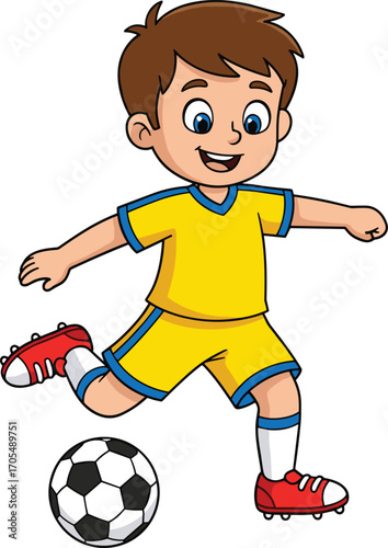 Cartoon Boy Playing Soccer in Yellow Uniform Kicking Ball with Red Cleats and Happy Expression for Kids, Sports, Vector Content Themes