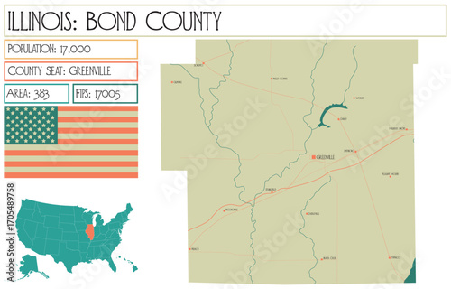 Large and detailed map of Bond County in Illinois USA.