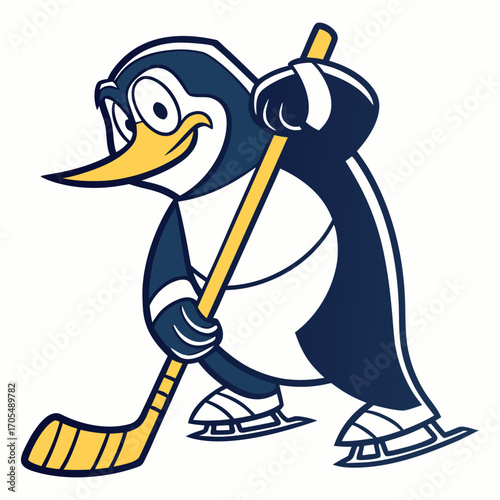 Cute Cartoon Penguin Playing Ice Hockey with Stick Vector Illustration 