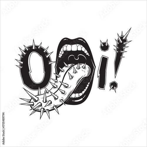 Vector art of open mouth with tongue pierced with spikes
