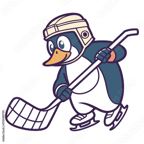 Cute Cartoon Penguin Playing Ice Hockey with Stick Vector Illustration 