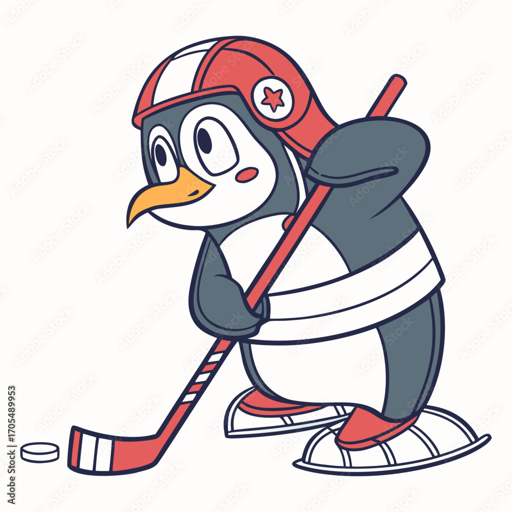 Obraz premium Cute Cartoon Penguin Playing Ice Hockey with Stick Vector Illustration 