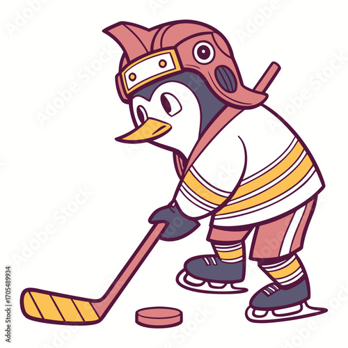 Cute Cartoon Penguin Playing Ice Hockey with Stick Vector Illustration 