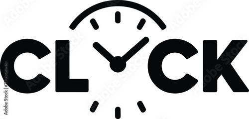 CLOCK Word Icon – Creative Typography with Integrated Clock Face Showing 10:10 for Timekeeping, Branding, and Lifestyle Themes