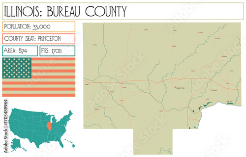 Large and detailed map of Bureau County in Illinois USA.