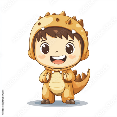 Adorable child in a dinosaur costume smiling happily with big eyes