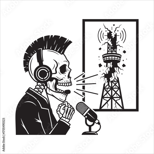 Vector art of skeleton punk rocker broadcasting with a broken radio tower