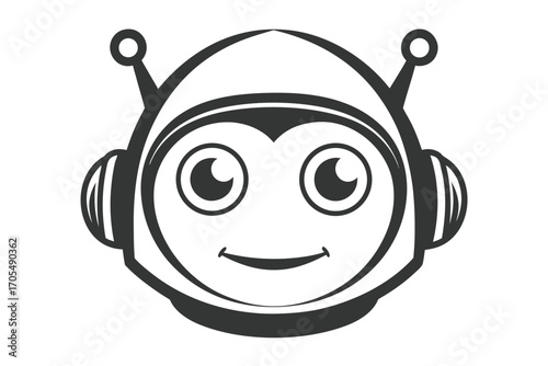 Cheerful monochrome cartoon robot head displays a delightful expression with antenna and headphone design 