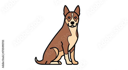 Sitting brown dog with alert ears and white markings.