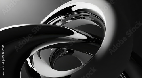 Abstract metallic sculpture with a smooth, reflective surface and a dark, moody background