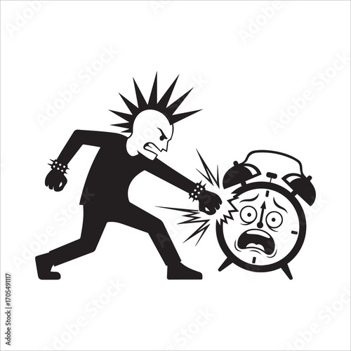 Vector art of punk rocker smashing alarm clock in black and white