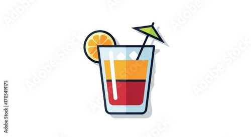Colorful layered cocktail with orange slice and umbrella.