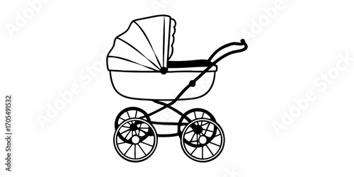 Illustration of a vintage baby carriage or pram with a large hood and spoked wheels in black and white