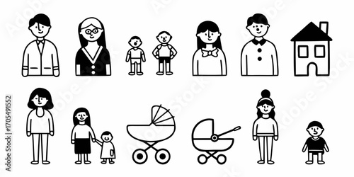 Illustration of a family with parents children and babies along with a house and baby strollers in black and white