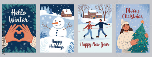 Winter Poster Background with Holiday Greetings. Flat Vector Design Featuring People, Snow, Fir Trees, Snowman, House, Snowflakes. Creative Christmas and New Year Celebration Card Set.