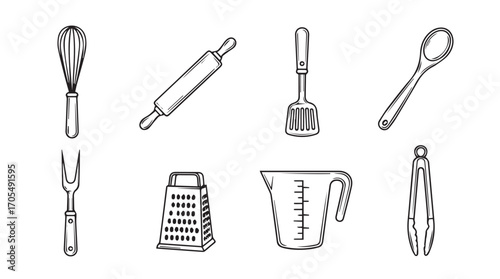 Collection of hand drawn kitchen utensils in a distinctive silhouette style