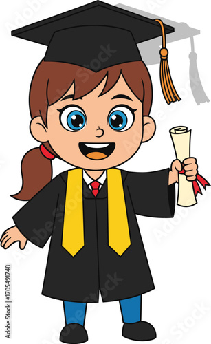 Cartoon child in graduation gown holding diploma, smiling academic achiever with cap and tassel, education success celebration vector illustration design