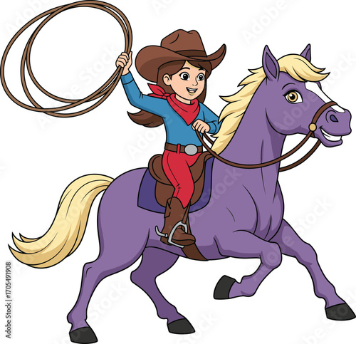 Cartoon cowboy riding purple horse with lasso raised, western character in motion, kids rodeo adventure, colorful vector illustration for design