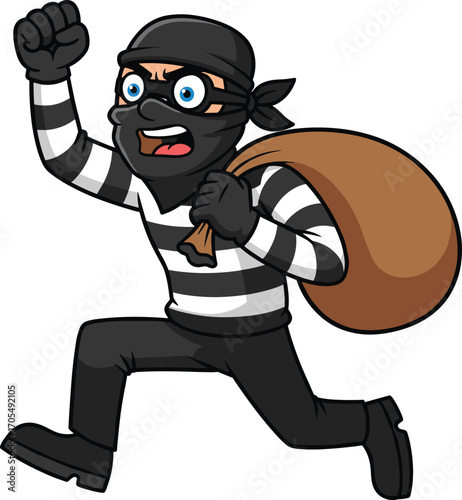 Cartoon burglar running with sack in striped shirt and mask, thief character escaping with loot, crime action vector illustration design