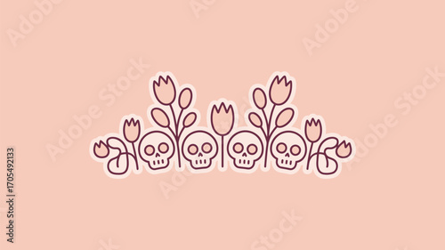 Illustration of skulls and flowers arranged in a decorative pattern on a peach colored background