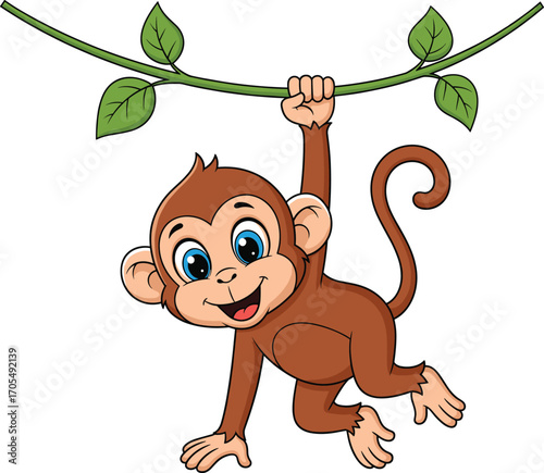 Cartoon monkey hanging from green jungle vine with smiling face, playful animal character for kids, fun wildlife vector illustration design