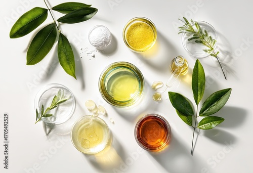 Natural ingredients, oils, and herbs arranged on a white surface.  Various liquids in glass bowls and droppers,  spiced with herbs and leaves.  Bright,  natural light
