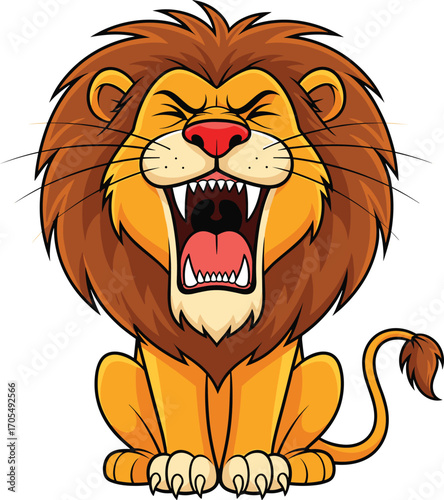 Roaring Cartoon Lion Sitting with Fierce Expression, Open Mouth, Sharp Teeth and Big Mane for Kids, Jungle, Animal, Vector Content Themes