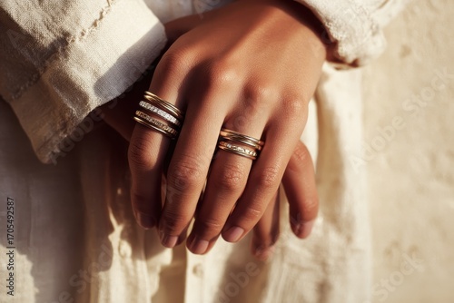 Close-up of Woman's Hands Wearing Stacked Gold and Diamond Rings