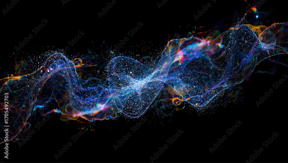 Fototapeta premium Colorful lights and tiny dots form a wave shape on a black background