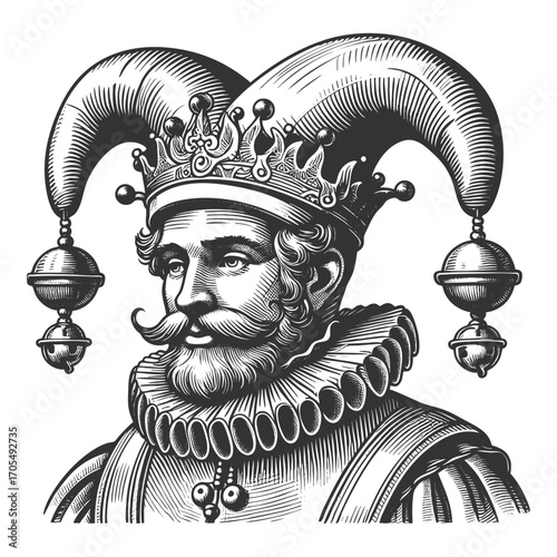 court jester wearing a traditional hat with bells, ornate clothing, and ruffled collar sketch engraving generative ai fictional character vector illustration. Scratch board. Black and white image.