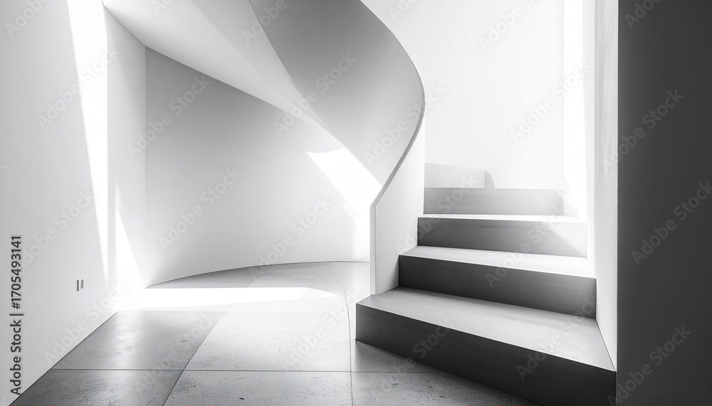 Obraz premium Modern Creative composition with artistic lighting effects with geometric and white space and dynamic aesthetic on a spiral staircase rendered with negative space and black and white
