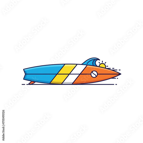 Surfboard riding a wave with sun.