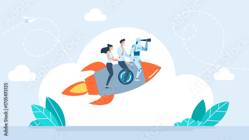 Man and woman riding a rocket and robot looking through binoculars. Collaboration of Human Resources with Artificial Intelligence, AI. Developing and Moving Forward for Success. Vector illustration