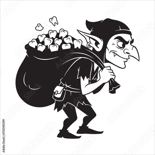 Vector art of cartoon tooth fairy carrying sack of teeth