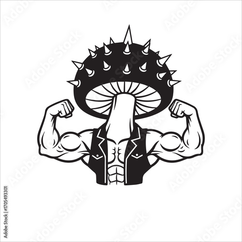 Vector art of a muscular mushroom character flexing
