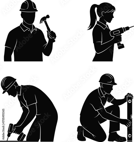 Construction worker silhouettes, people using tools, man with hammer, woman with drill, builders working, repair concept, black vector illustration