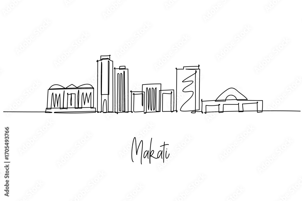 Fototapeta premium Makati city skyline one line drawing showing PBCom Tower, Ayala Triangle, RCBC Plaza and Greenbelt, a cityscape concept for Metro Manila business theme and Philippines modern finance hub.