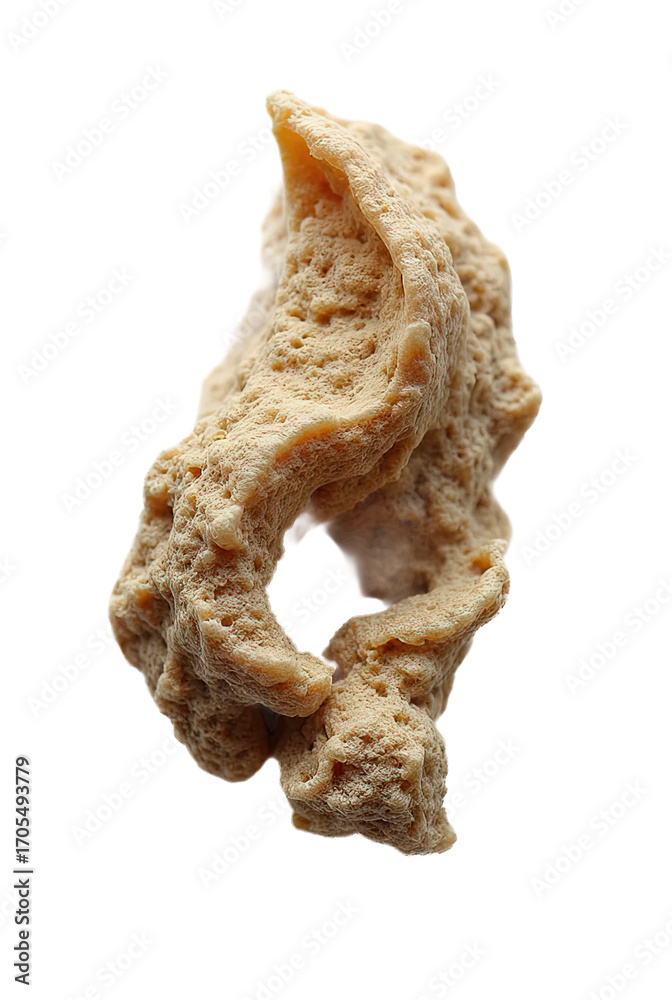Obraz premium Macro close-up of an animal fossil fragment, isolated on a white background, showing intricate texture and natural details.