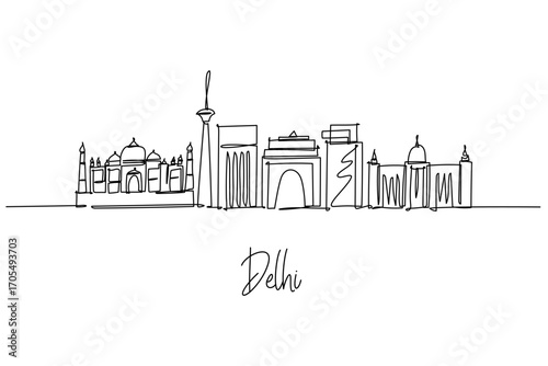 Delhi city skyline one line drawing featuring India Gate, Qutub Minar, Lotus Temple, Red Fort, Akshardham and Rashtrapati Bhavan, a cityscape concept for India travel theme and national capital icons.