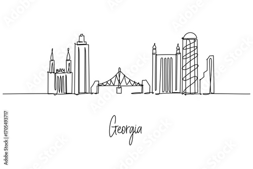 Georgia country skyline continuous line drawing with Tbilisi Narikala Fortress, Batumi Alphabetic Tower and mountain silhouettes, a cityscape concept for Caucasus travel theme and culture.